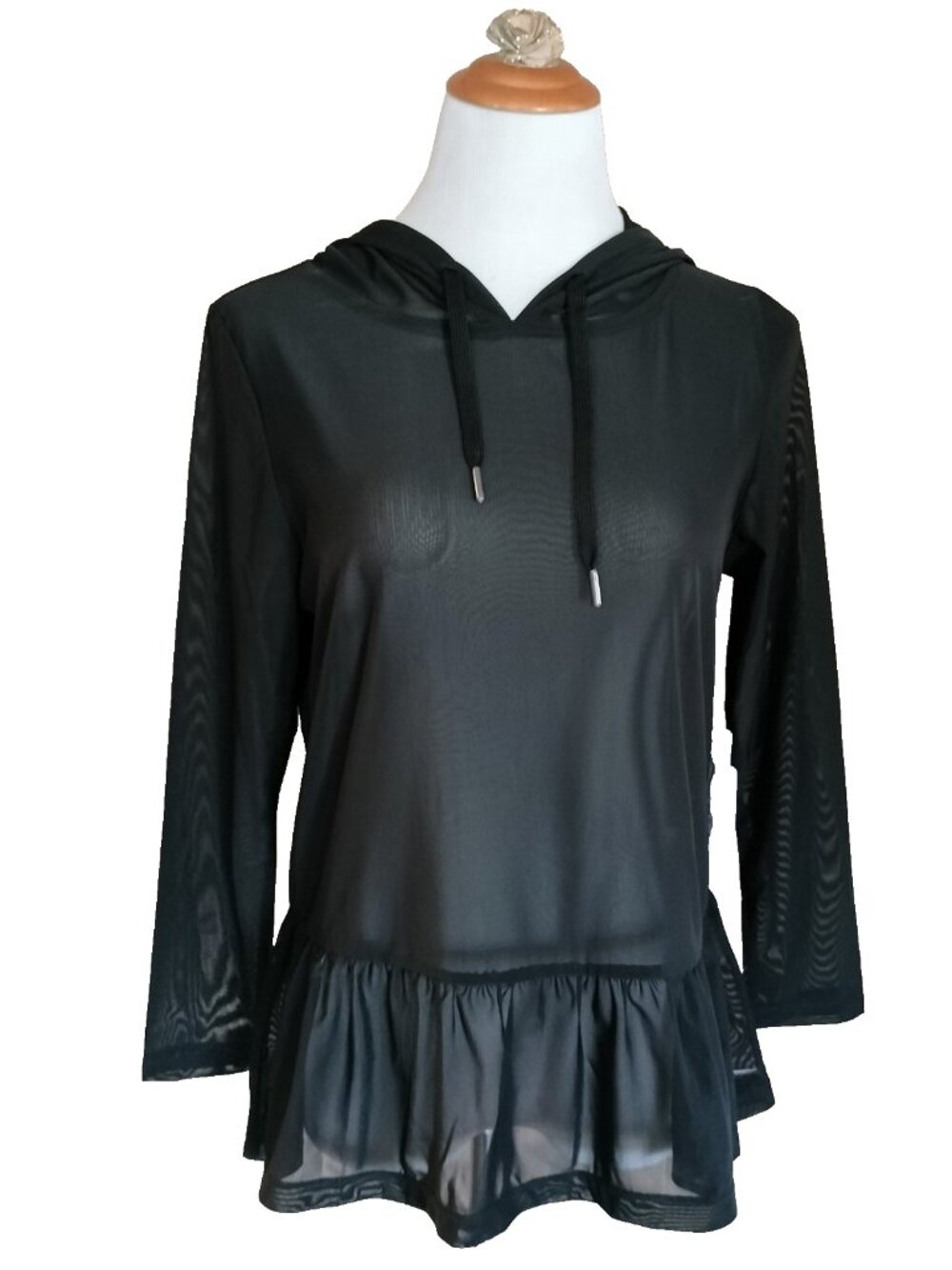 Gottex Mesh Peplum Hoodie Top M Black Stretch Moisture Wicking Active Pullover